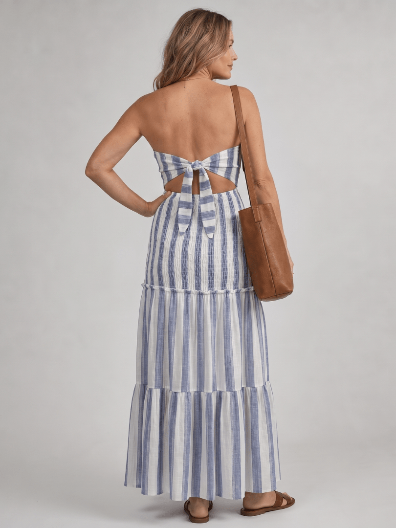 Azaria | Strapless Tiered Stripe Skirt Midi Dress - Bellanza