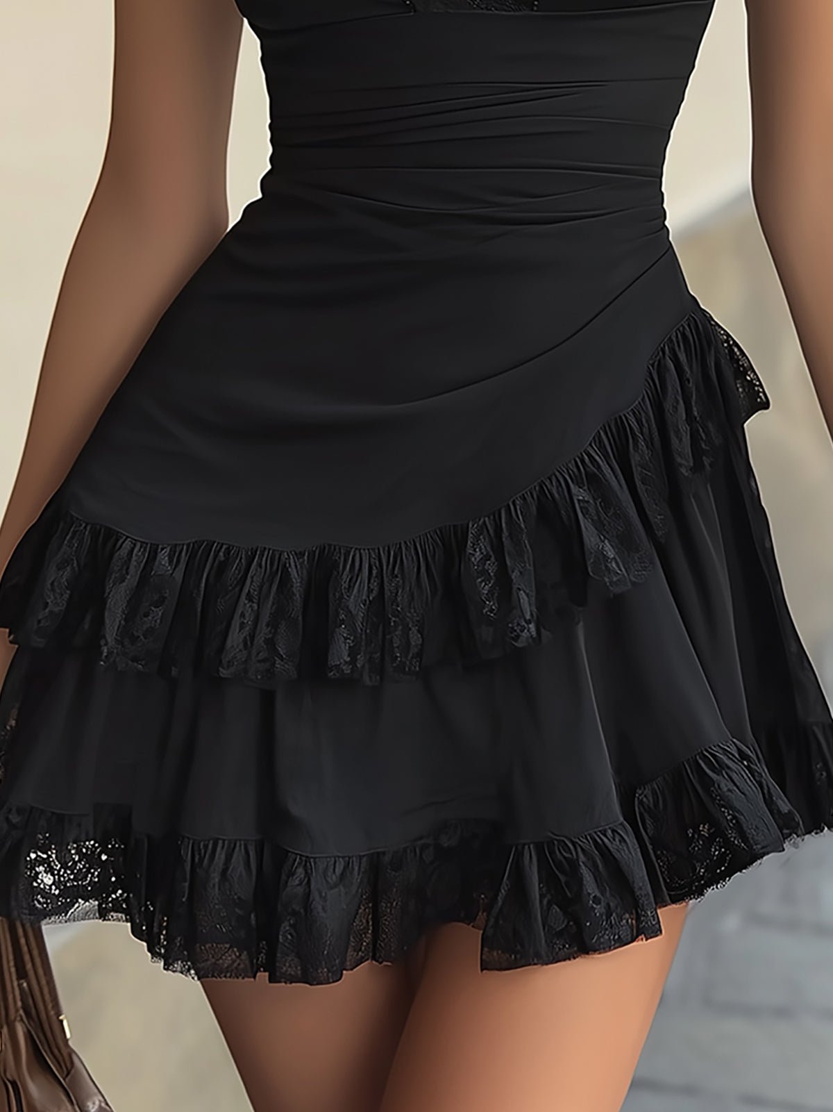 Bella™ | Kant V-Hals Rimpel Hem Mini Jurk - Bellanza