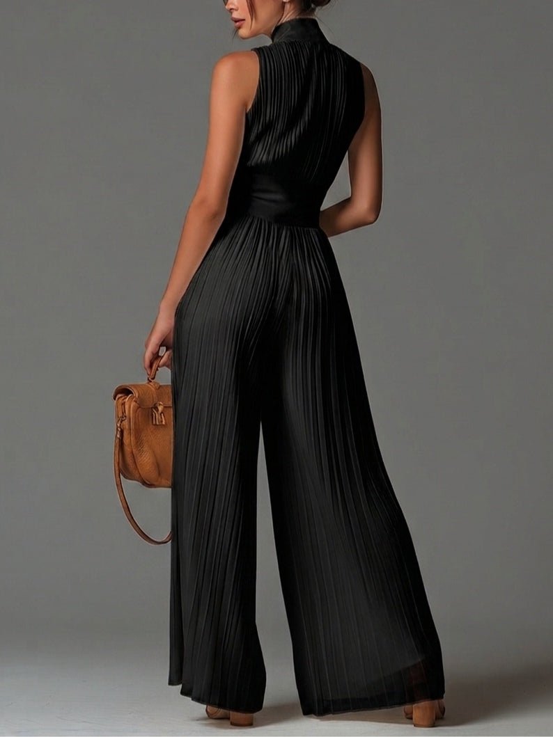 Blanche™ | V-hals Mouwloze Rits Plissé Wijde Pijpen Chiffon Jumpsuit - Bellanza