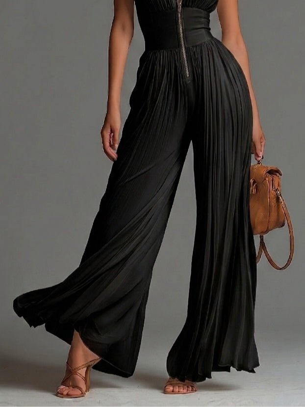 Blanche™ | V-hals Mouwloze Rits Plissé Wijde Pijpen Chiffon Jumpsuit - Bellanza