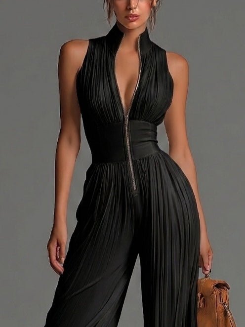 Blanche™ | V-hals Mouwloze Rits Plissé Wijde Pijpen Chiffon Jumpsuit - Bellanza