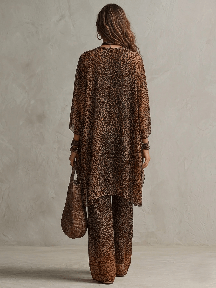 Bohemian Gradient Luipaardprint Vloeiende Robe Drie-delige Set - Bellanza