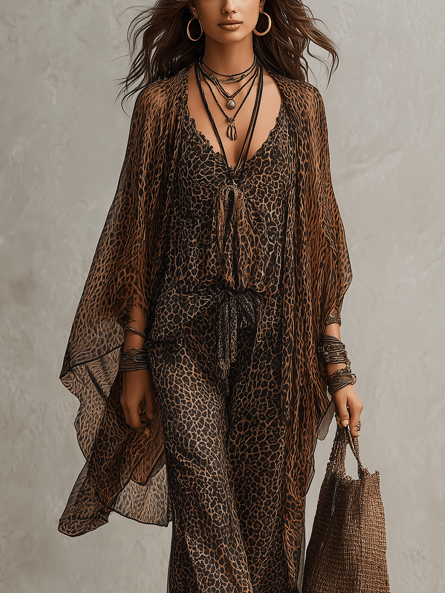Bohemian Gradient Luipaardprint Vloeiende Robe Drie-delige Set - Bellanza