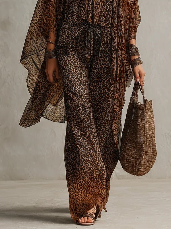 Bohemian Gradient Luipaardprint Vloeiende Robe Drie-delige Set - Bellanza