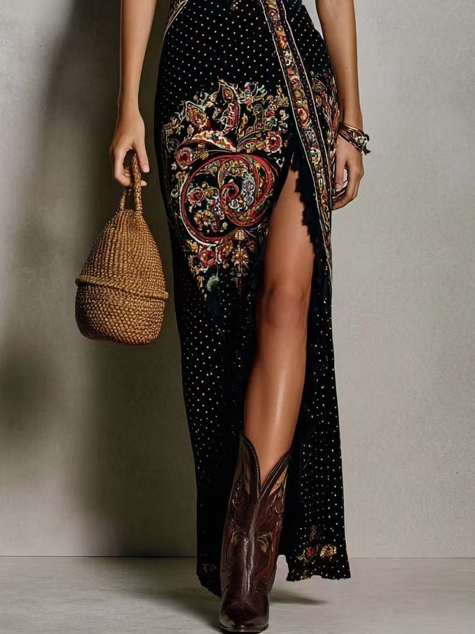 Bohemian-stijl Geprinte Jurk met Diepe V-hals en Hoge Split - Bellanza