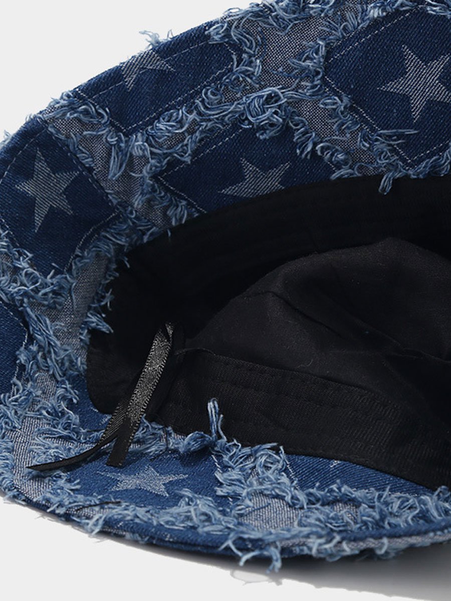 Casual Fashion Vijfpuntige Ster Rauwe Rand Denim Bucket Hat - Bellanza