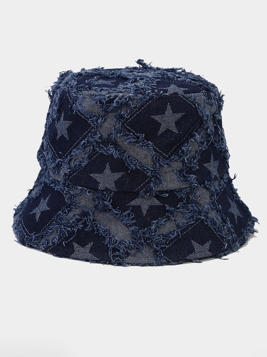 Casual Fashion Vijfpuntige Ster Rauwe Rand Denim Bucket Hat - Bellanza