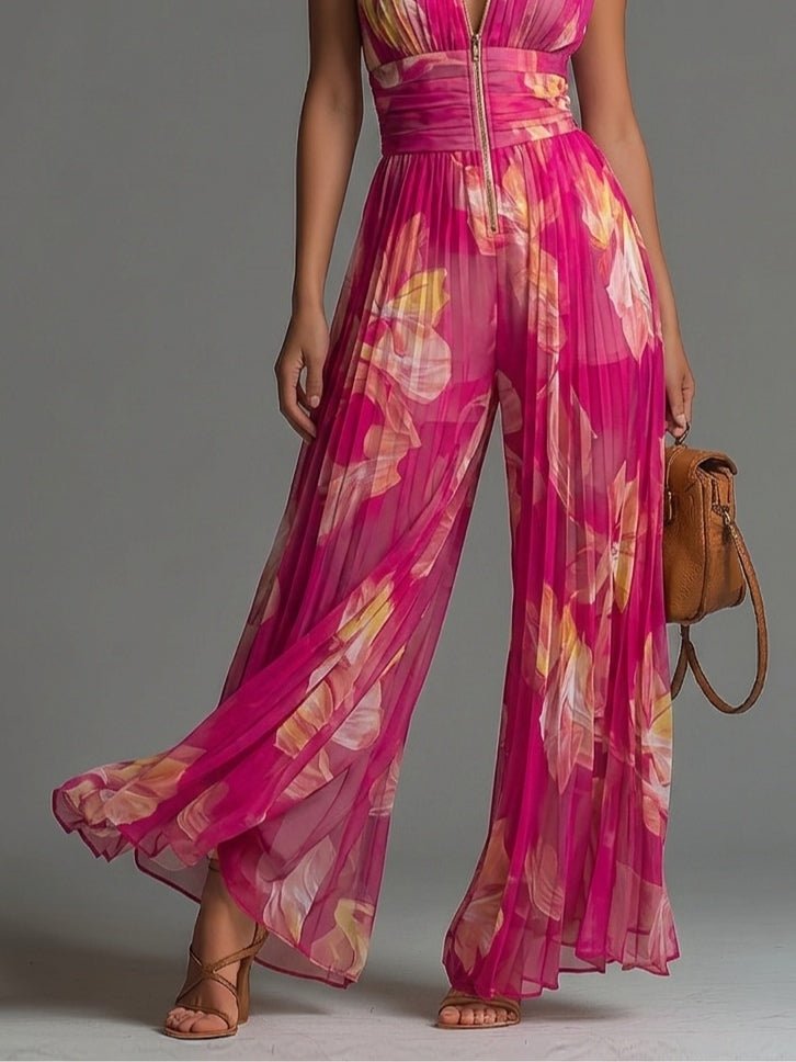 Céline™ | Bloemenprint Mouwloze Rits Plissé Wijde Chiffon Jumpsuit - Bellanza