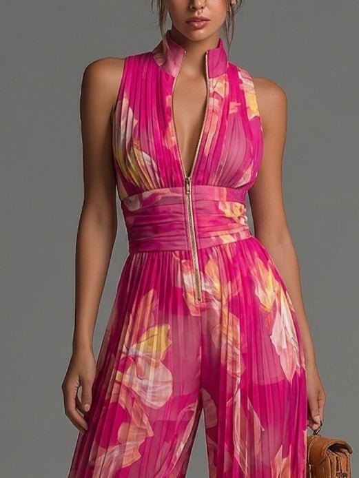 Céline™ | Bloemenprint Mouwloze Rits Plissé Wijde Chiffon Jumpsuit - Bellanza