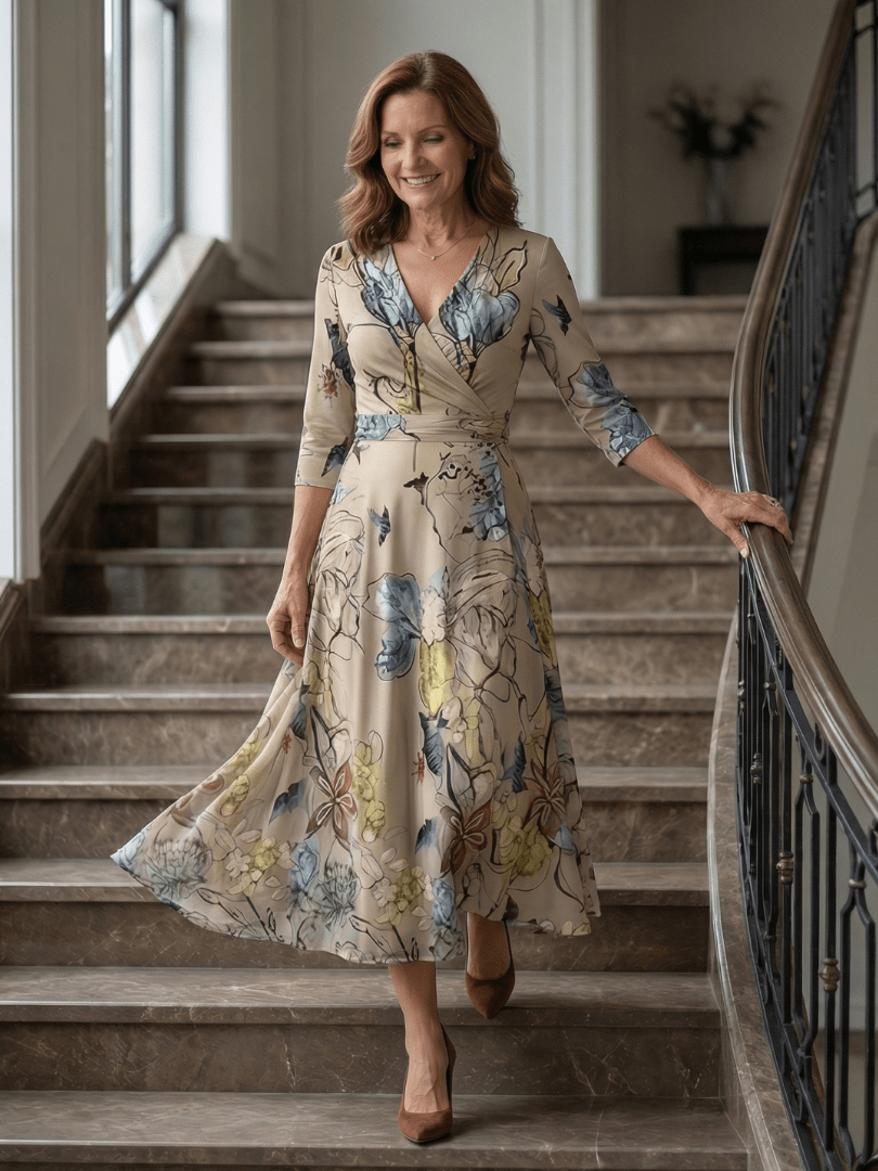 Celine | Midi Jurk met Knoop en Col - Bellanza