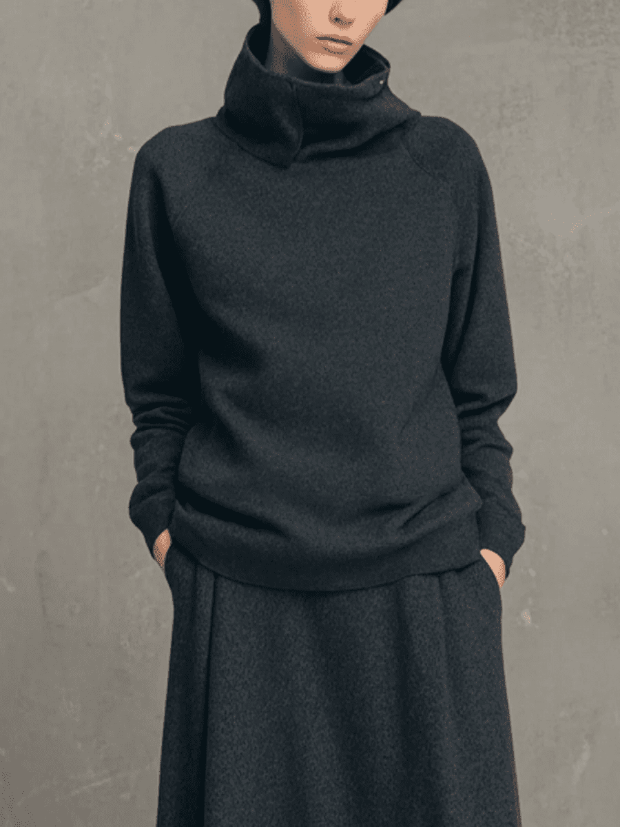 Charcoal Gray Air - layer High - neck Top And Flared Long Skirt Set - Bellanza