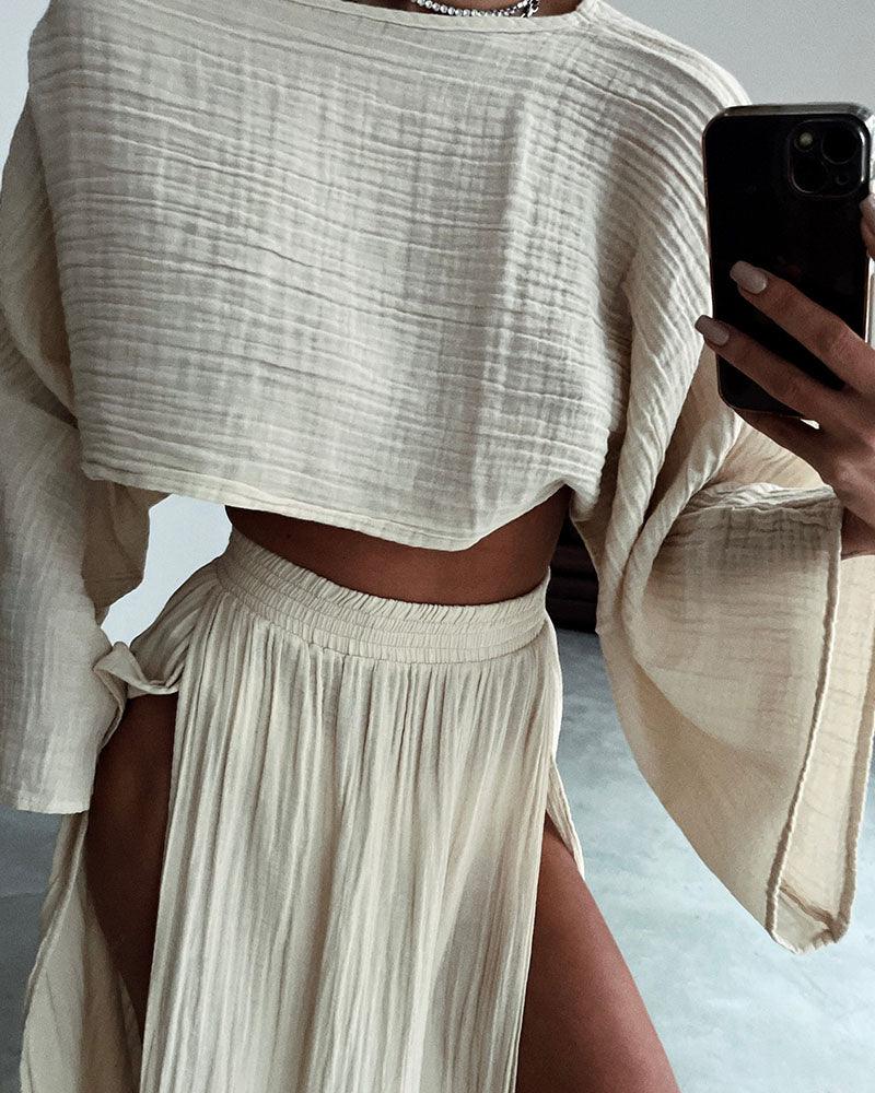 Chic gespleten katoenen en linnen casual twee - delige set - bellanza