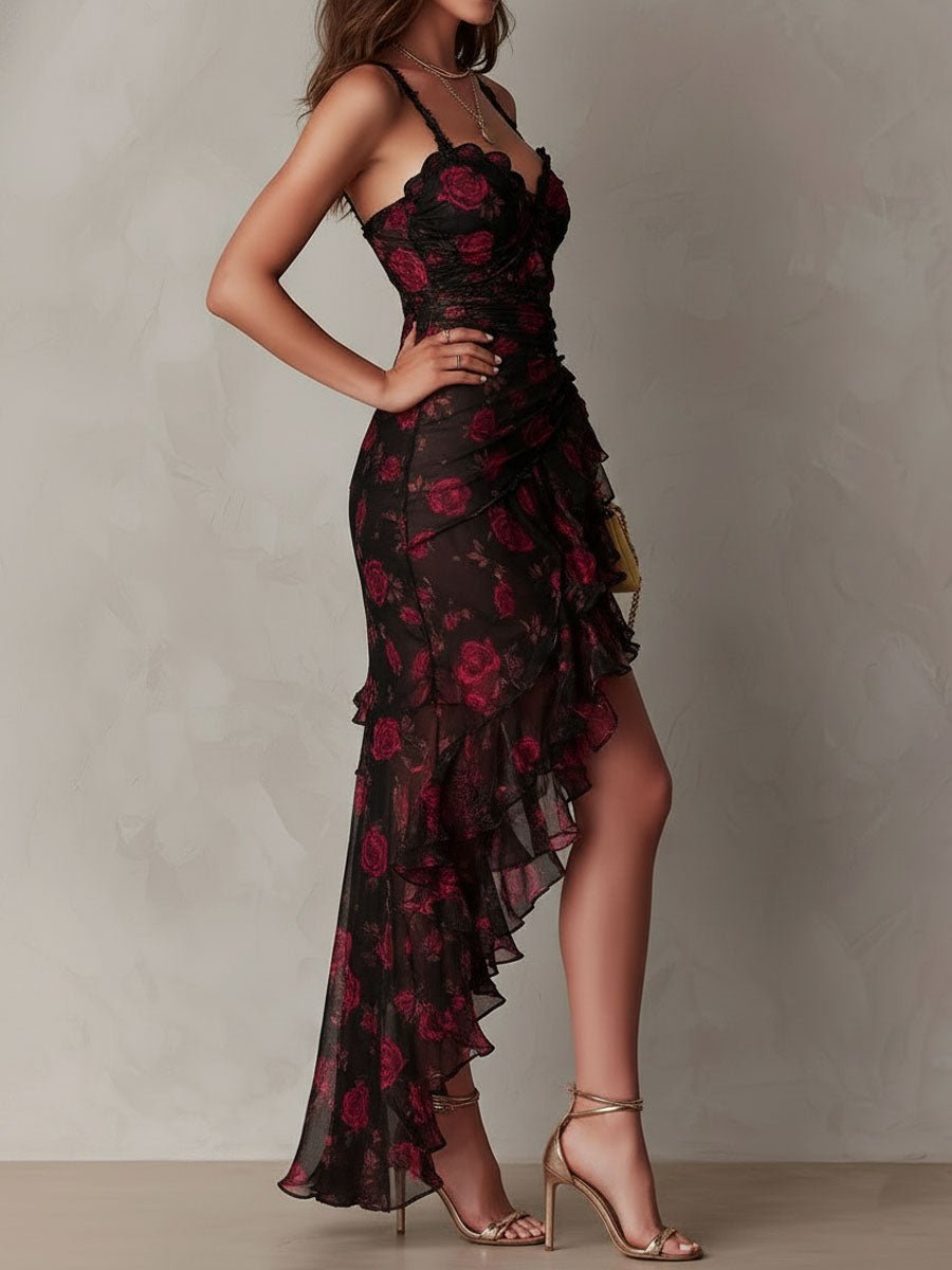 Chic Zwart En Rood Bloemen Rimpel Ruffle Zoom Jurk - Bellanza