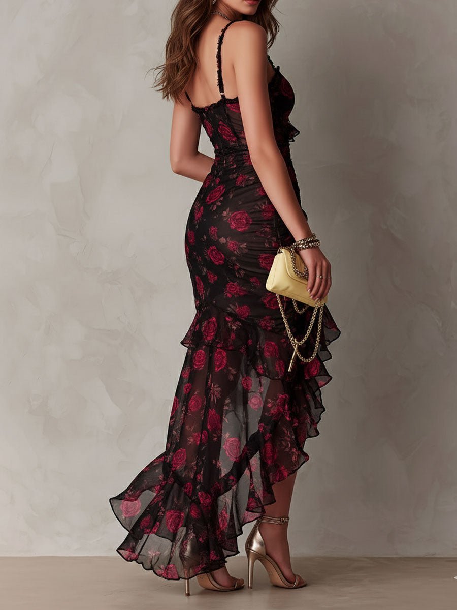 Chic Zwart En Rood Bloemen Rimpel Ruffle Zoom Jurk - Bellanza