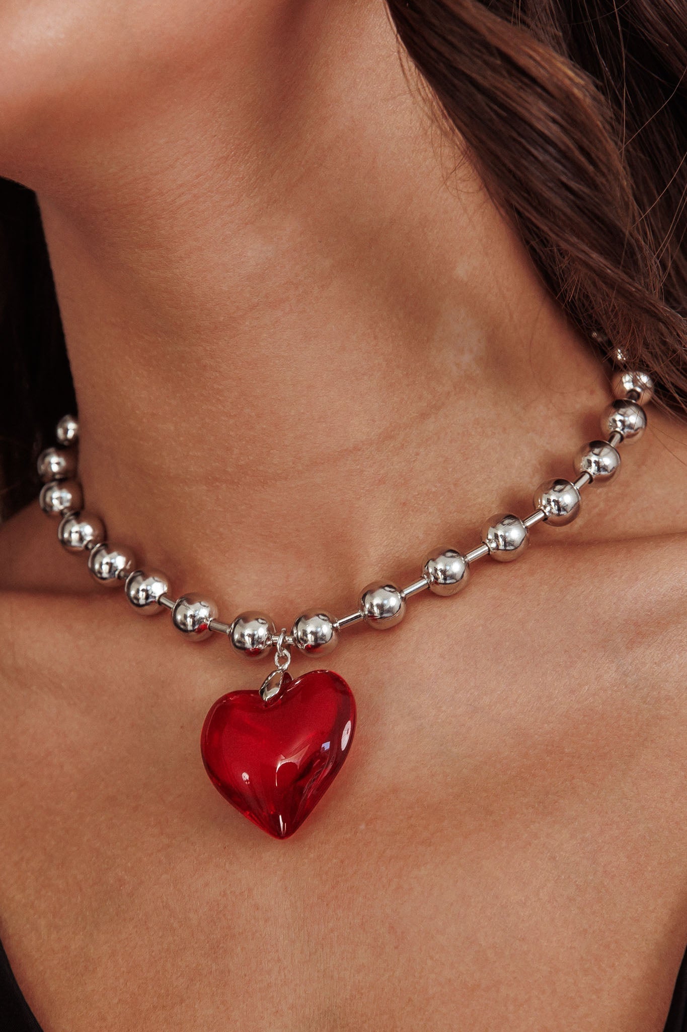 Collier Grand Cœur in Zilveren Parels Lee Rood - Bellanza