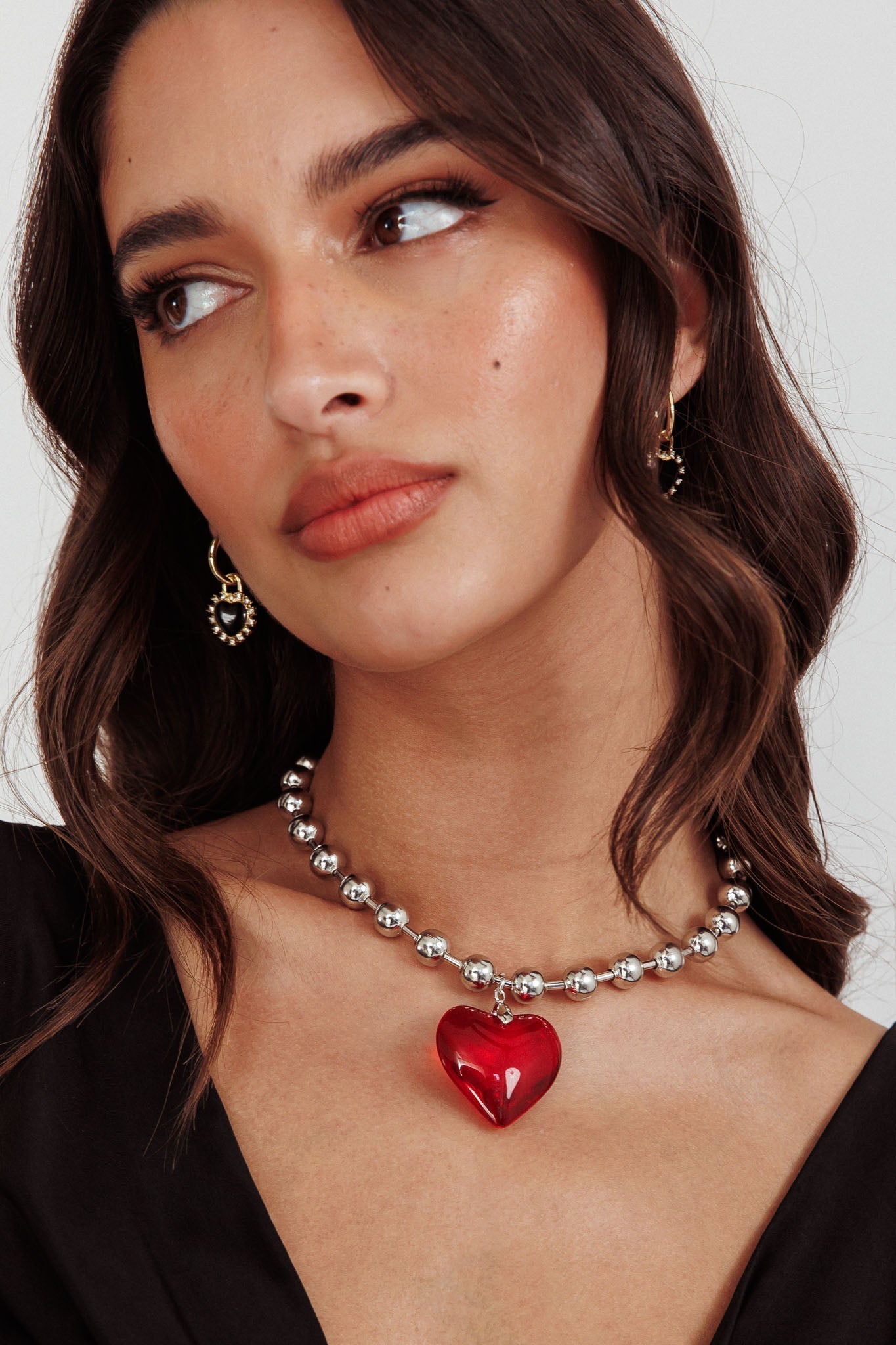 Collier Grand Cœur in Zilveren Parels Lee Rood - Bellanza