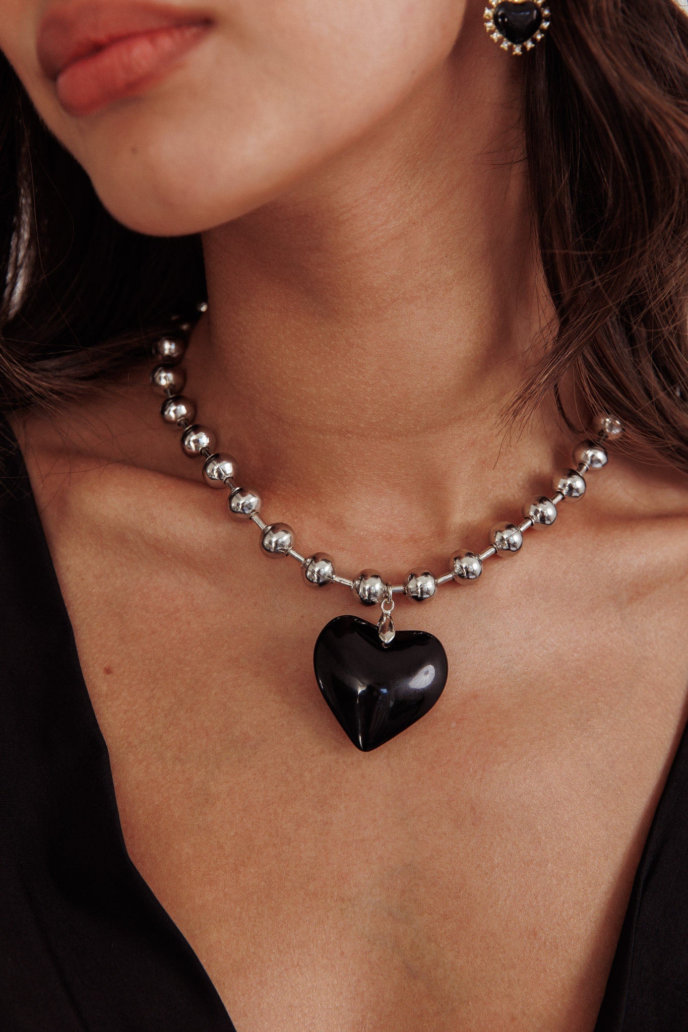 Collier Grand Cœur in Zilveren Parels Lee Zwart - Bellanza