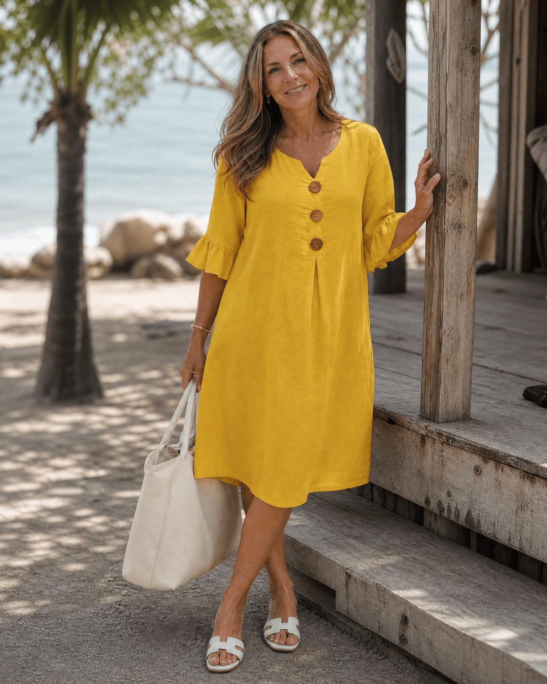 Comros | Knopdetail Rimpel Mouw Relaxed Midi Jurk - Bellanza