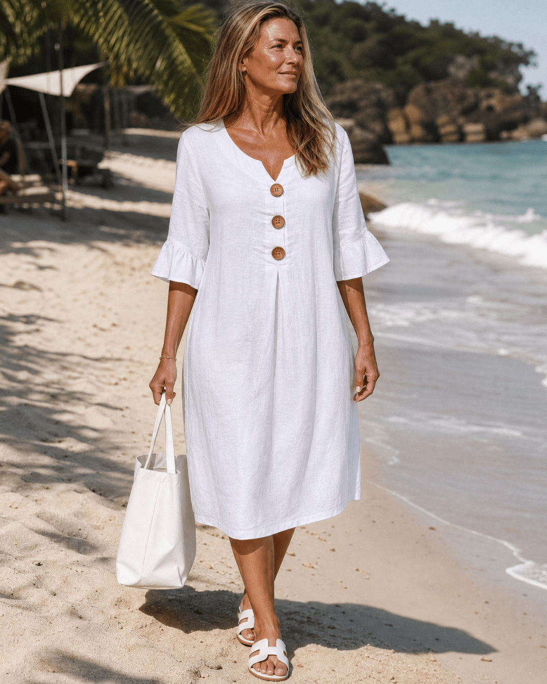 Comros | Knopdetail Rimpel Mouw Relaxed Midi Jurk - Bellanza