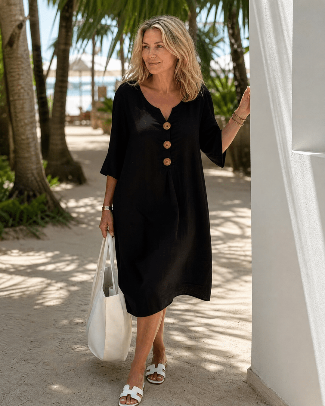 Comros | Knopdetail Rimpel Mouw Relaxed Midi Jurk - Bellanza