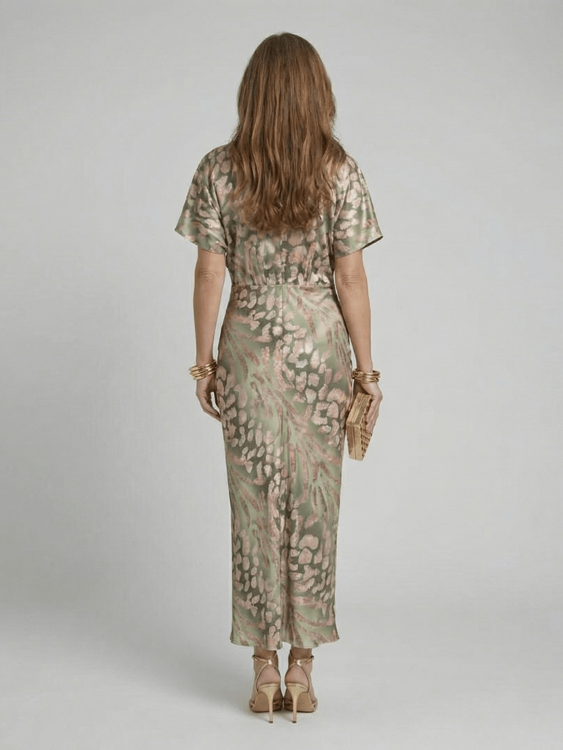Coralie | Midi - jurk met Abstracte Print, V - hals en Gedraaide Taille - Bellanza
