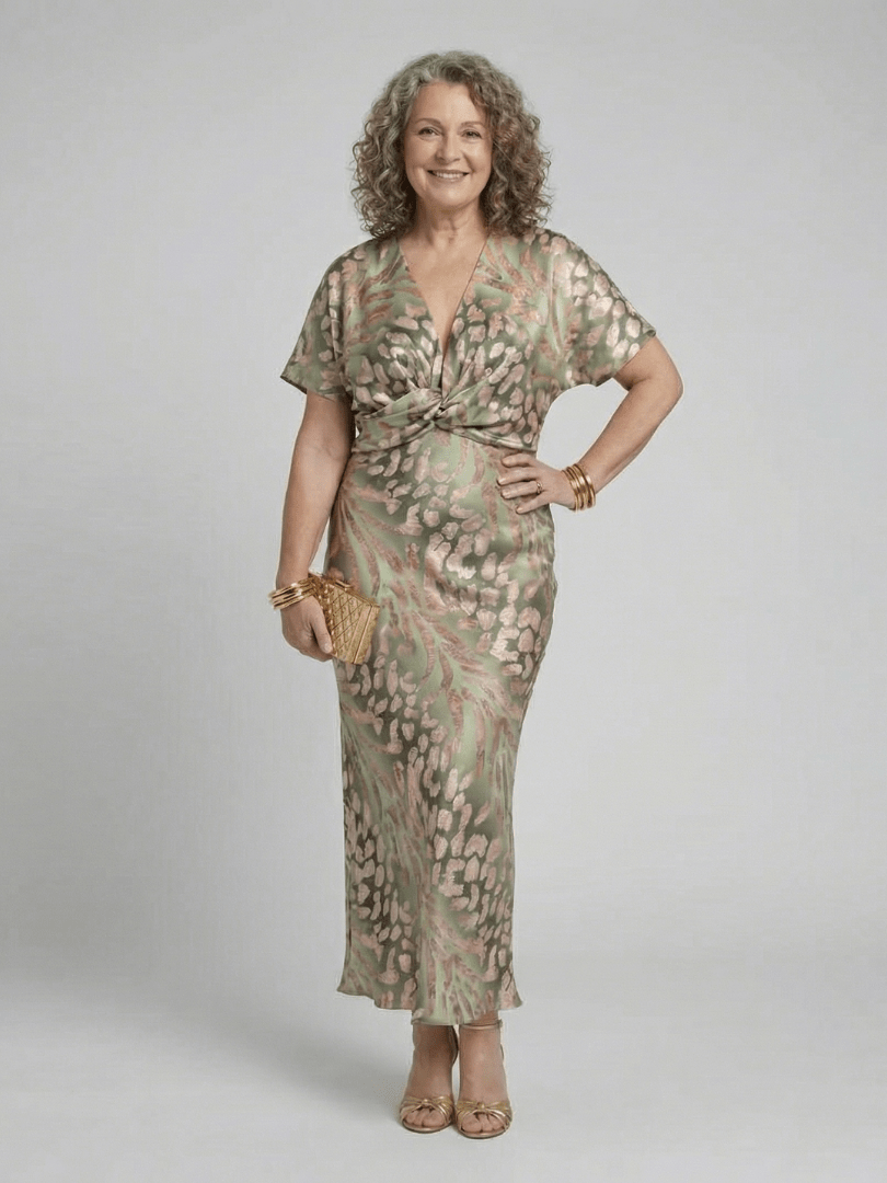 Coralie | Midi - jurk met Abstracte Print, V - hals en Gedraaide Taille - Bellanza
