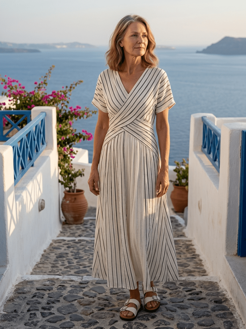 Cressida | V-hals Korte Mouw Kruis Taille Midi Jurk - Bellanza