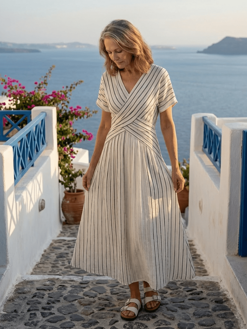 Cressida | V-hals Korte Mouw Kruis Taille Midi Jurk - Bellanza