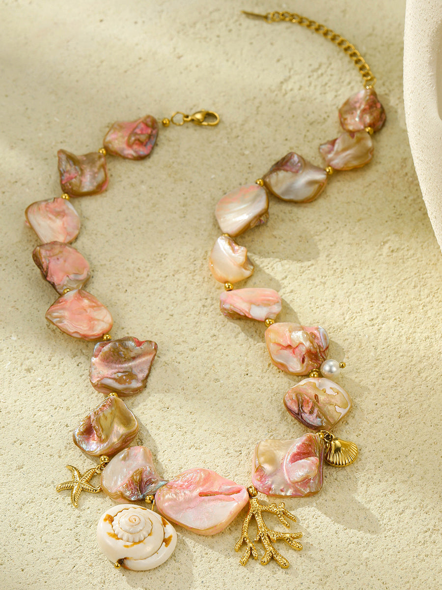 Strandstijl Roze Schelp Koraal RVS Ketting