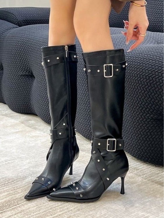 Dames pointed-toe studded hoge hakken mode laarzen - Bellanza