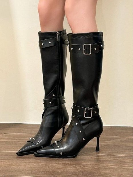 Dames pointed-toe studded hoge hakken mode laarzen - Bellanza
