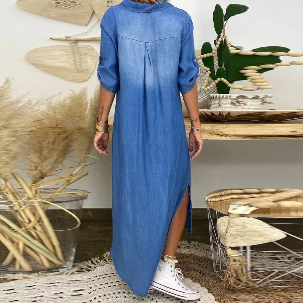 Daniela | Langes Kleid im Jeans - Look mit Seitenschlitz - Bellanza