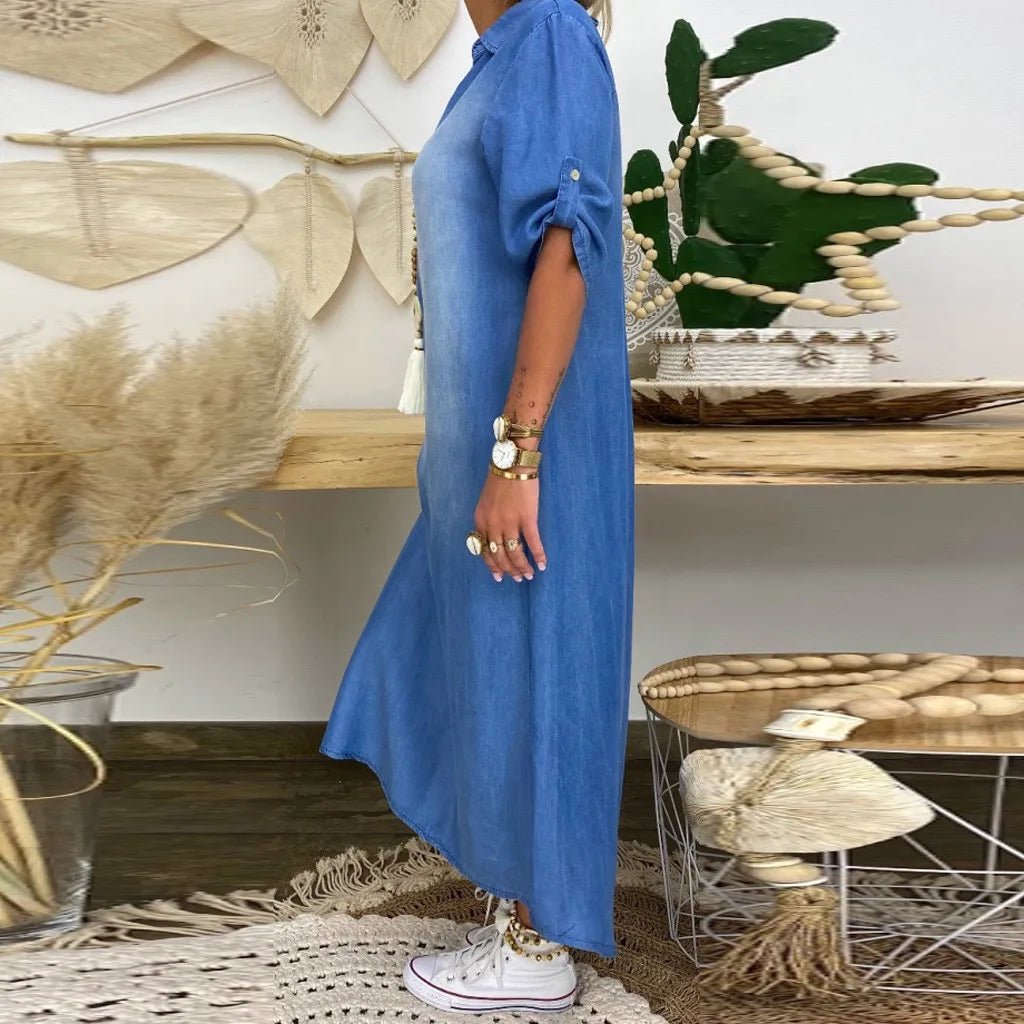 Daniela | Langes Kleid im Jeans - Look mit Seitenschlitz - Bellanza