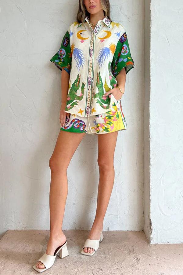 Days of Heaven Linnenmix Unieke Print Blouse en Elastische Taille Met Zakjes Shorts Set - bellanza
