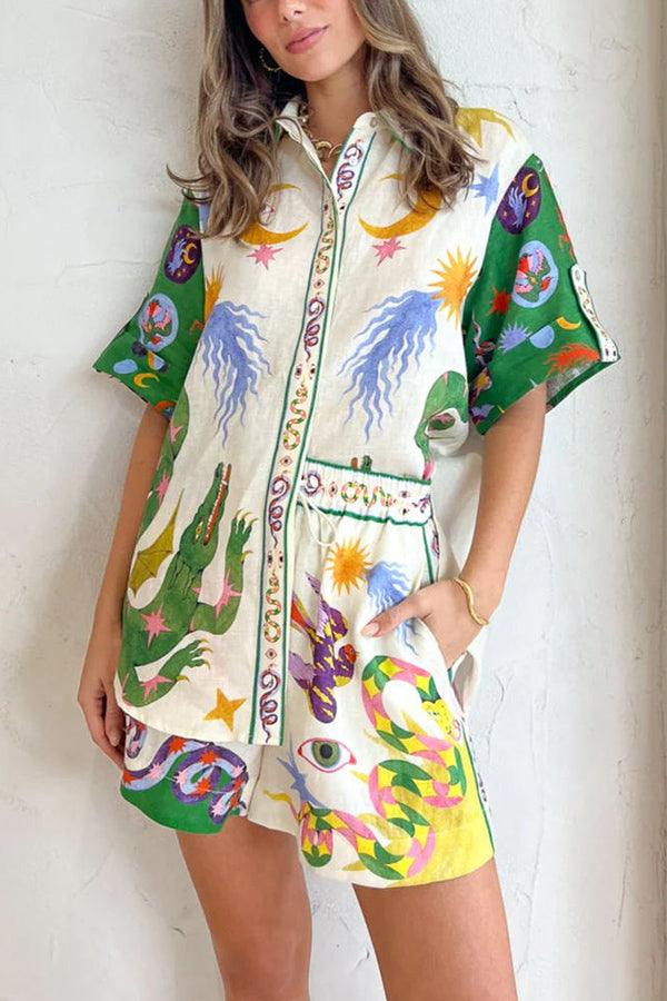 Days of Heaven Linnenmix Unieke Print Blouse en Elastische Taille Met Zakjes Shorts Set - bellanza