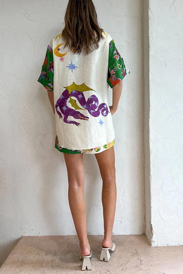 Days of Heaven Linnenmix Unieke Print Blouse en Elastische Taille Met Zakjes Shorts Set - bellanza
