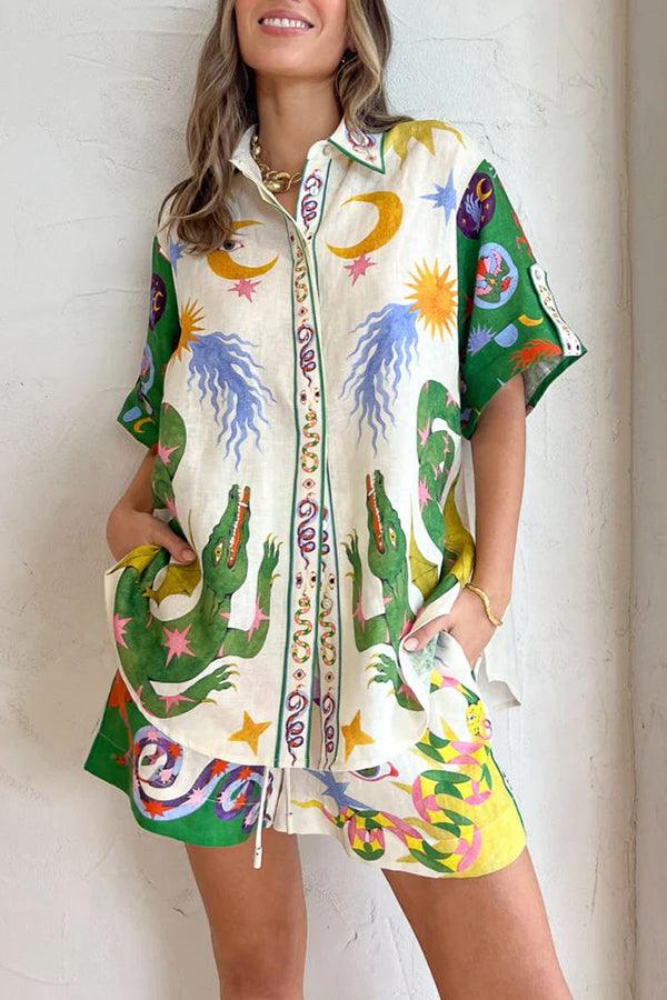 Days of Heaven Linnenmix Unieke Print Blouse en Elastische Taille Met Zakjes Shorts Set - bellanza