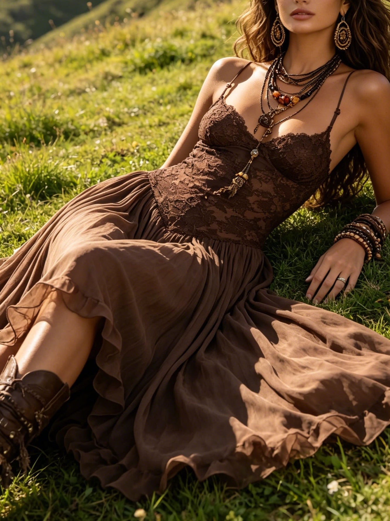 Donkerbruine Chiffon Maxi Jurk met Kantpanelen - Bellanza