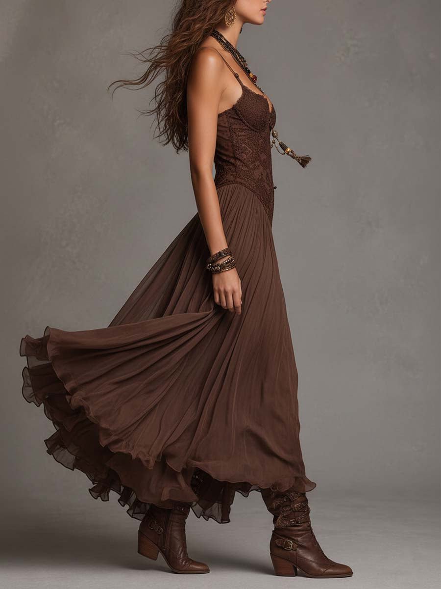Donkerbruine Chiffon Maxi Jurk met Kantpanelen - Bellanza