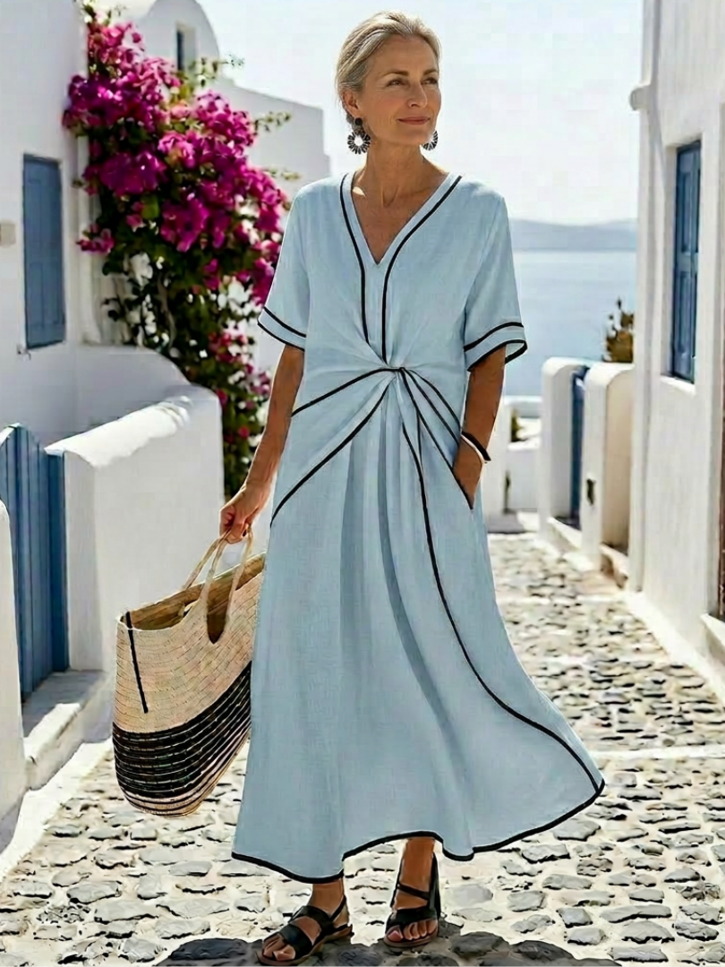 Linnea | V-Hals Korte Mouw Gathered Waist Midi Jurk