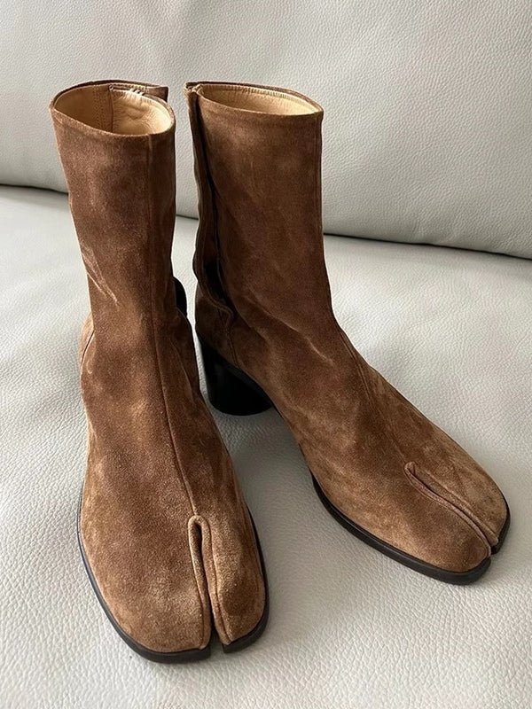 Echte leren split-toe chunky heel mid-calf Martin laarzen - Bellanza