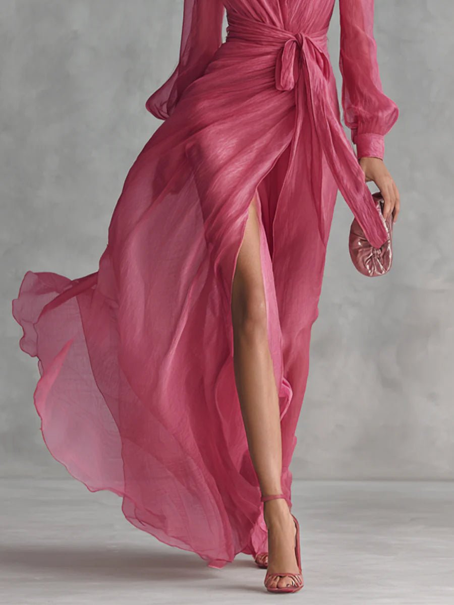 Elegante Roze Chiffon V-hals Tailleband Lange Jurk - Bellanza