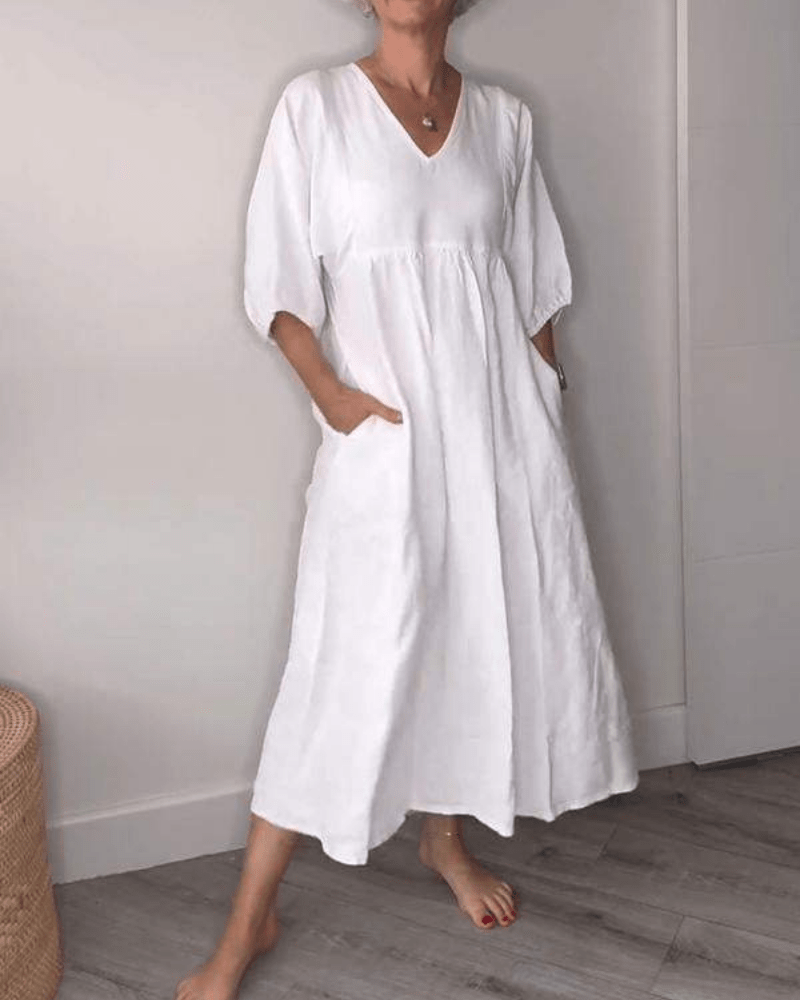 Eliane | Elegante Linnen Maxi Jurk met V - Hals - bellanza