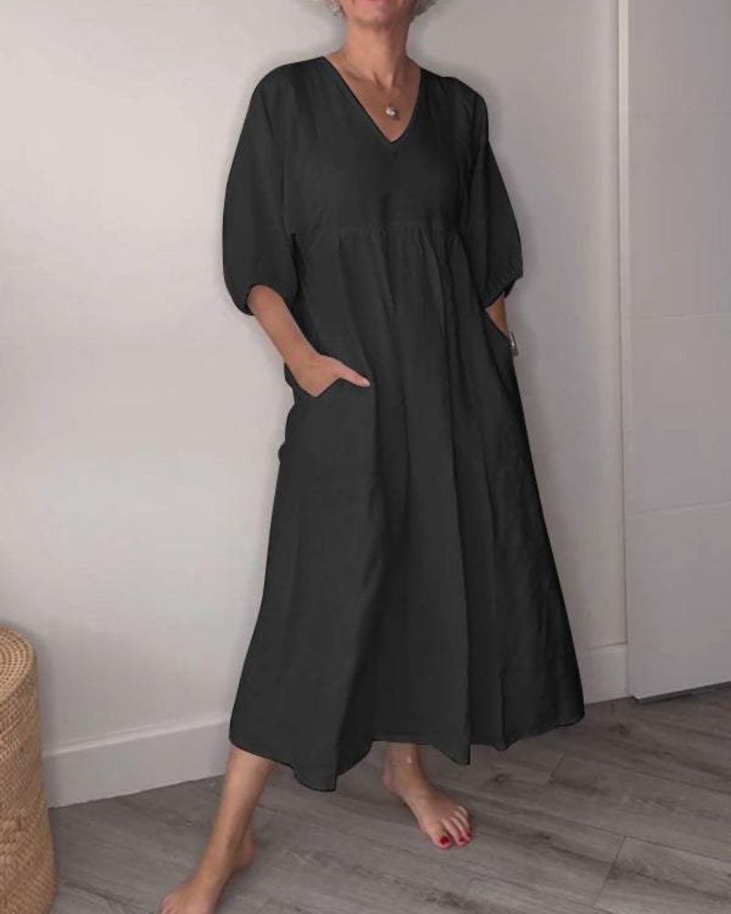 Eliane | Elegante Linnen Maxi Jurk met V - Hals - bellanza