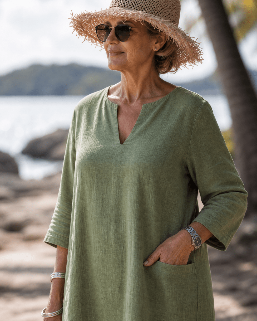 Elixir | Textured V Neck Drie Kwart Mouw Knie Lengte Jurk - Bellanza