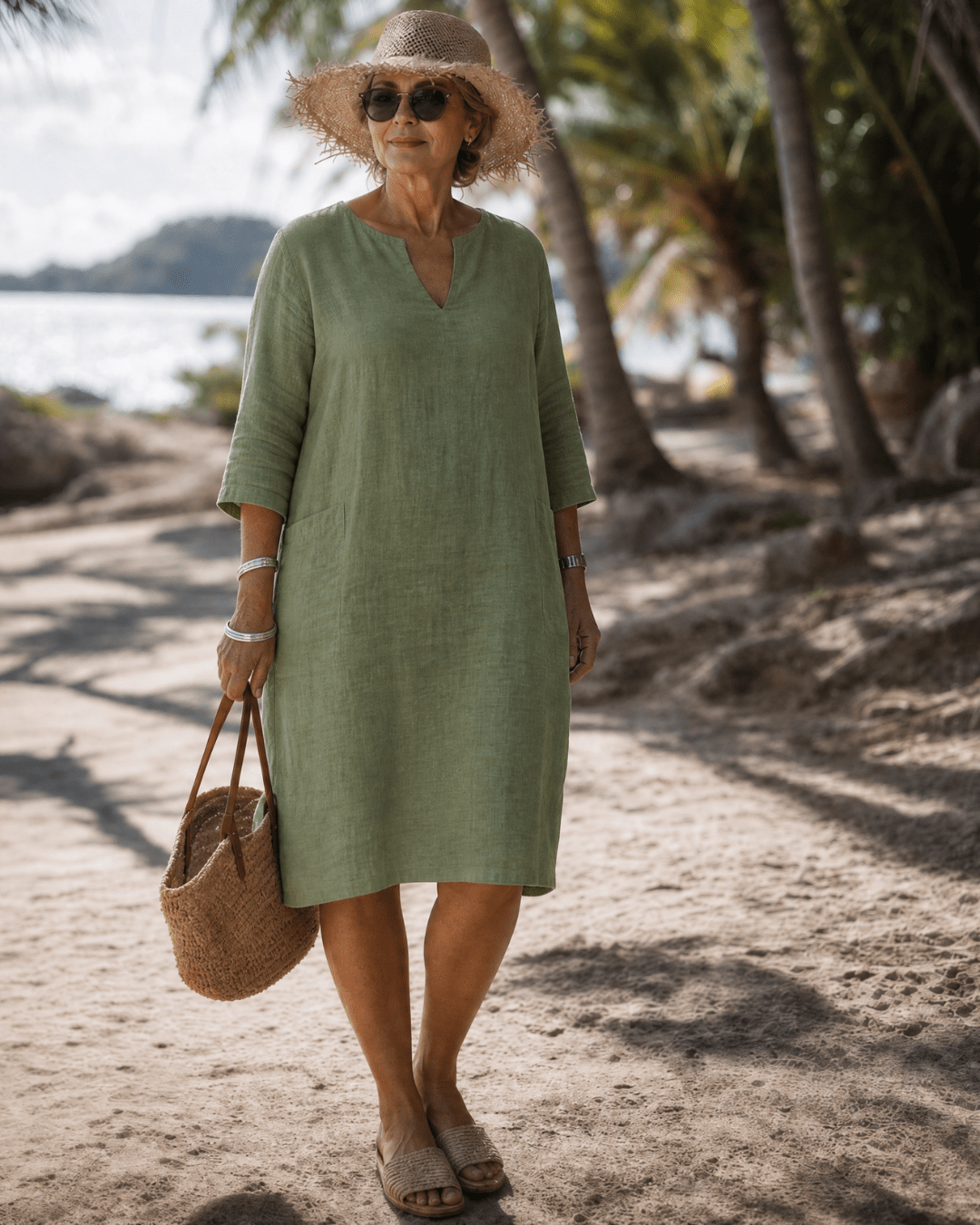 Elixir | Textured V Neck Drie Kwart Mouw Knie Lengte Jurk - Bellanza