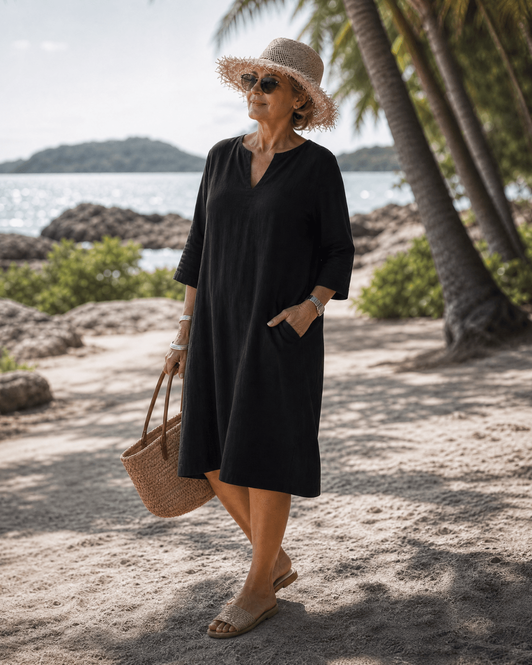Elixir | Textured V Neck Drie Kwart Mouw Knie Lengte Jurk - Bellanza