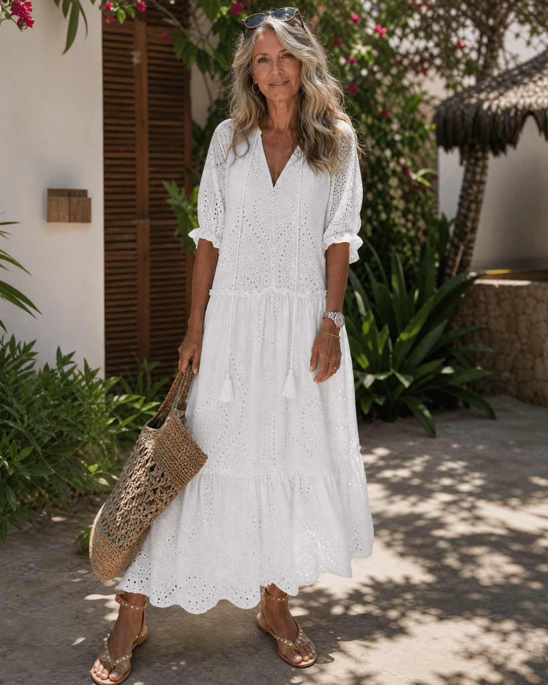 Elkaline | Eyelet Lace Tiered V-hals Midi-jurk - Bellanza