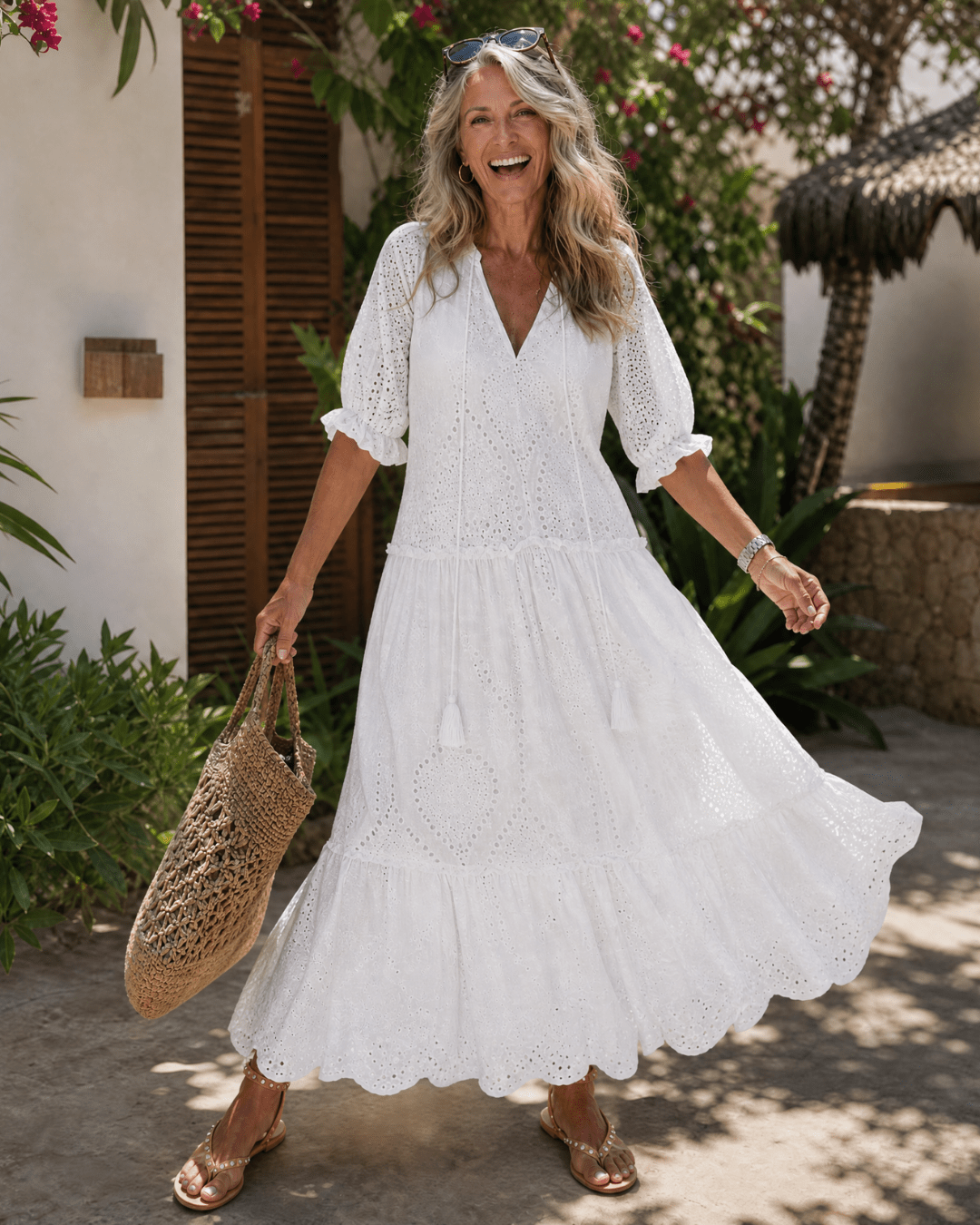 Elkaline | Eyelet Lace Tiered V-hals Midi-jurk - Bellanza