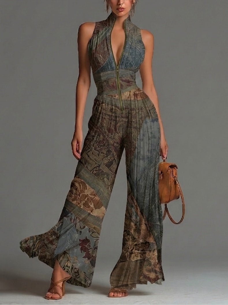 Eugénie™ | Bohemian Etnische Print Mouwloze Rits Plissé Wijde Chiffon Jumpsuit - Bellanza